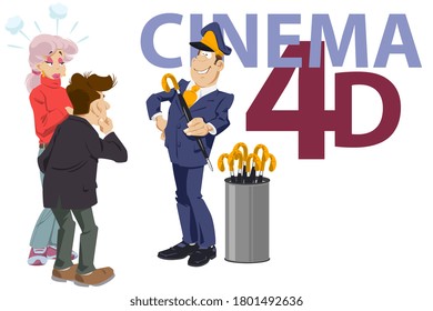 Controller distributes umbrellas at entrance to cinema. Funny people. Stock illustration.