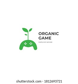 Controller with green plant Organic Game Logo icon sign design concept. Vector illustration isolated object on background