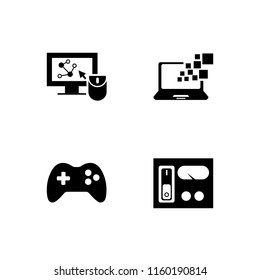 controller icon. 4 controller set with monitor, gamepad controller and control vector icons for web and mobile app