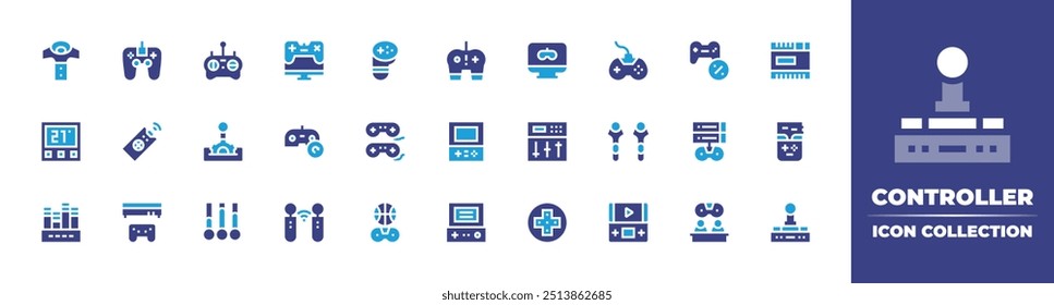 Coleção de ícones do controlador. Cor duotônica. Ilustração vetorial. Contendo controllerpad, controller, gamecontroller, videogame, controllever, termostato.