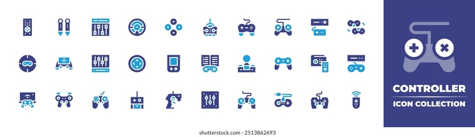 Controller icon collection. Duotone color. Vector illustration. Containing controllerpad, handheldconsole, controller, gamecontroller, equalizer, gamepad, joystick, remotecontrol.