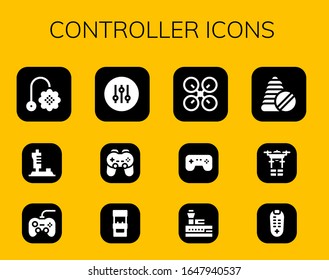 controller icon set. 12 filled controller icons. Included Toy, Joystick, Gamepad, Controller, Arcade machine, Drone, Games, Control tower, Toys, Remote control icons