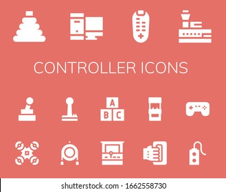 controller icon set. 14 filled controller icons. Included Toy, Gaming, Remote control, Control tower, Drone, Joystick, Arcade machine, Handheld, Controller, Games icons