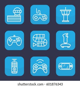 controller icon. Set of 9 outline controller icons such as airport tower, joystick, remote control, portable game console