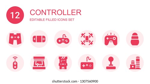 controller icon set. Collection of 12 filled controller icons included Gamepad, Drone, Controller, Arcade machine, Arcade game, Joystick, Toy