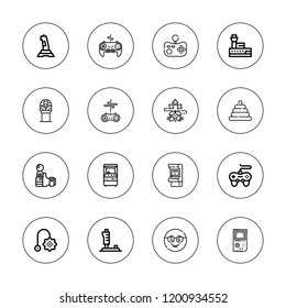 Controller icon set. collection of 16 outline controller icons with arcade machine, arcade, console, control tower, game, gamepad, joystick, nerd icons.