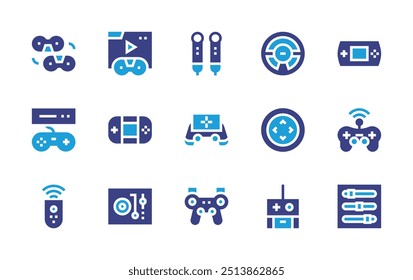 Conjunto de iconos de controlador. Color duotono. Ilustración vectorial. Contiene control remoto, controlador, controlador, controlador de juego, gameboy, consola, tocadiscos.