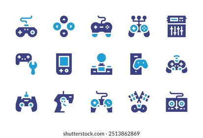 Ícone do controlador definido. Cor duotônica. Ilustração vetorial. Contendo console de mão, controlador de jogo, discjockey, jogo, gamepad, corrida, joystick, equalizador, videogame.