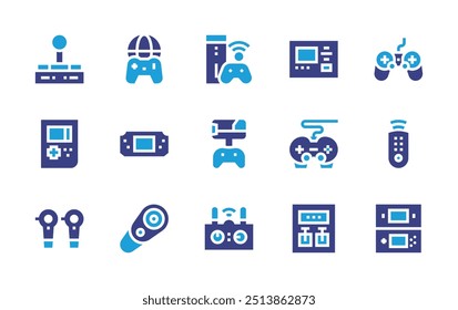 Controller icon set. Duotone color. Vector illustration. Containing gamecontroller, gamepad, gameboy, screen, gameconsole, joystick, portableconsole.