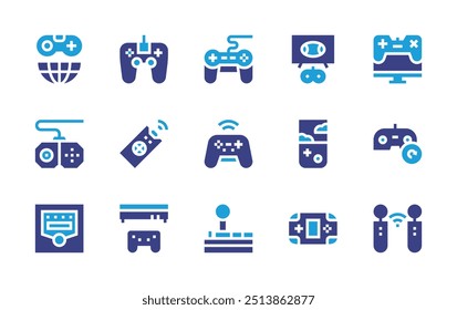 Ícone do controlador definido. Cor duotônica. Ilustração vetorial. Contendo controlador, controlador de jogos, videogame, joystick, dados de atualização, gamepad, realidade virtual e console de jogos.