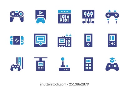 Ícone do controlador definido. Cor duotônica. Ilustração vetorial. Contendo controlador, nintendoswitch, equalizador, videogame, jogos, gameconsole, joystick.