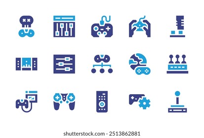 Conjunto de iconos de controlador. Color duotono. Ilustración vectorial. Contiene mando, ecualizador, consola, juego, multijugador, gameover, gamepad, control remoto, videojuego.