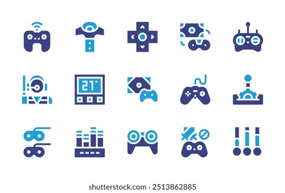 Ícone do controlador definido. Cor duotônica. Ilustração vetorial. Contendo controlador, controlador de tráfego aéreo, controllerpad, videogame, gamepad, dinheiro, termostato.