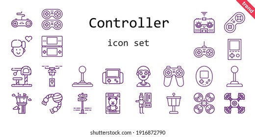 Controller Icon Set. Line Icon Style. Controller Related Icons Such As Console, Thermostat, Remote Control, Gamepad, Panels, Joystick, Control Tower, Boy, Drone, Toy, Video Games, 