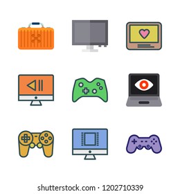 controller icon set. vector set about monitor, gamepad, drone case and game controller icons set.