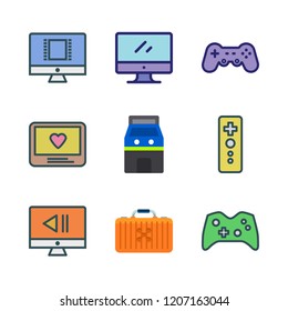 controller icon set. vector set about game controller, monitor, drone case and gamepad icons set.