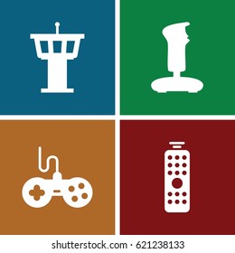 Controller icons set. set of 4 controller filled icons such as airport tower, joystick