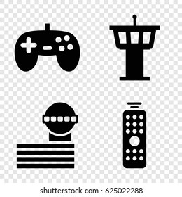Controller icons set. set of 4 controller filled icons such as airport tower, remote control