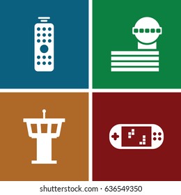 Controller icons set. set of 4 controller filled icons such as airport tower, remote control