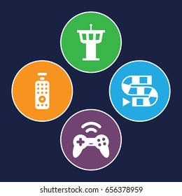 Controller icons set. set of 4 controller filled icons such as airport tower, remote control, joystick