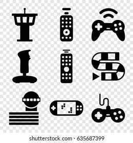 Controller icons set. set of 9 controller filled icons such as airport tower, joystick, remote control, portable game console