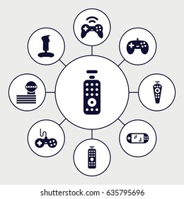 Controller icons set. set of 9 controller filled icons such as airport tower, joystick, remote control