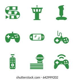 Controller icons set. set of 9 controller filled icons such as airport tower, joystick, remote control, portable game console