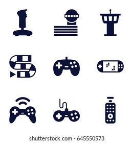 Controller icons set. set of 9 controller filled icons such as airport tower, joystick, remote control, portable game console