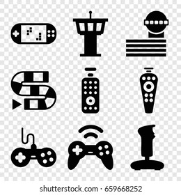 Controller icons set. set of 9 controller filled icons such as airport tower, joystick, remote control, portable game console