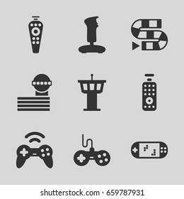 Controller icons set. set of 9 controller filled icons such as airport tower, joystick, remote control, portable game console