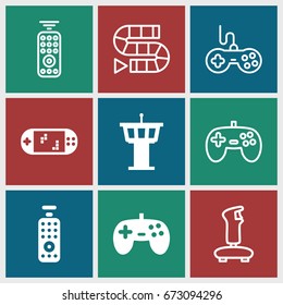 Controller icons set. set of 9 controller filled and outline icons such as airport tower, remote control, portable game console, joystick