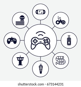 Controller icons set. set of 9 controller filled and outline icons such as airport tower, joystick, remote control, portable game console