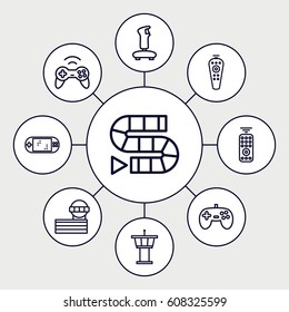 Controller icons set. set of 9 controller outline icons such as airport tower, remote control, joystick, portable game console