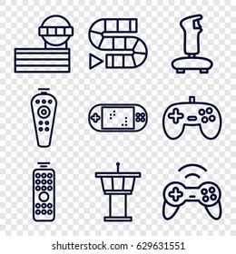 Controller icons set. set of 9 controller outline icons such as airport tower, remote control, joystick, portable game console