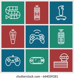 Controller icons set. set of 9 controller outline icons such as airport tower, remote control, joystick, portable game console