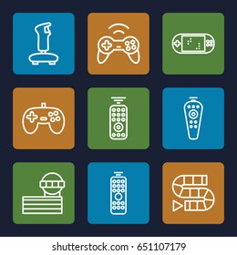 Controller icons set. set of 9 controller outline icons such as airport tower, remote control, joystick, portable game console