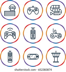 Controller icons set. set of 9 controller outline icons such as airport tower, joystick, remote control, portable game console