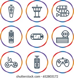 Controller icons set. set of 9 controller outline icons such as airport tower, joystick, remote control, portable game console