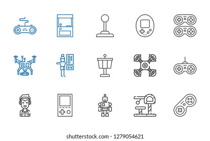 controller icons set. Collection of controller with gamepad, toy, console, marshall, drone, control tower, thermostat, joystick, arcade. Editable and scalable controller icons.