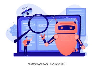 Controller reading regulations to robot. Artificial intelligence regulations, limitations in AI development, global tech regulations concept. Pinkish coral bluevector isolated illustration