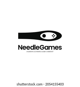 Controller with sewing needle, fashion gaming clothing logo design concept. Vector illustration