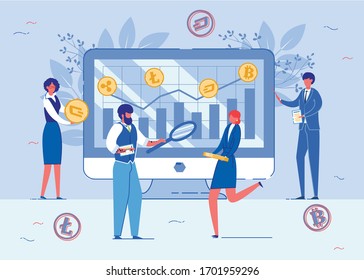 Controlling and Analyzing Crypto Currency Changes Flat Cartoon Vector Illustration. Man Character Holding Magnifying Glass and Checking Coin. Operations with Money, Data Statistics Charts.