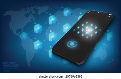 Controlling Blockchain Business Online Through Mobile Phones.and Isometric digital blocks connection and  and shapes crypto chain,global computer network Internet technology,Abstract technology.