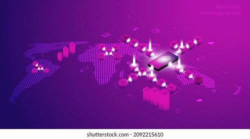 Controlling Blockchain Business Online Through Mobile Phones.and Isometric digital blocks connection and  and shapes crypto chain,global computer network Internet technology,Abstract technology.