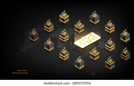 Controlar el negocio de Blockchain en línea a través de teléfonos móviles.e Bloquea la conexión digital isométrica y da forma a la cadena criptográfica, la tecnología de Internet de la red informática global, la tecnología Resumen.