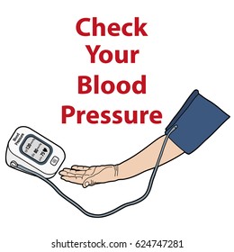 CONTROLLING BLOOD PRESSURE, HAND WITH DEVICE FOR MEASURING PRESSURE ILLUSTRATION VECTOR