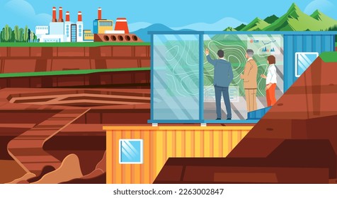 Controlling businessman and investor inspect factory and mine from container office with digital screen environmentally friendly landscape mine production