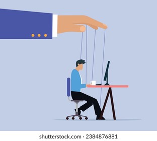 Control de la marioneta de hombre de negocios que trabaja en el concepto de vectores planos 2D de computadora para banner, sitio web, ilustración, página de aterrizaje, volante, etc