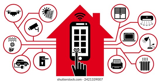 Controlling connected objects in your home from your mobile phone - black and red illustration made with pictograms.