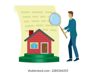 Controlling contract on house, home. Man with magnifying glass . Isolated. Vector illustration.